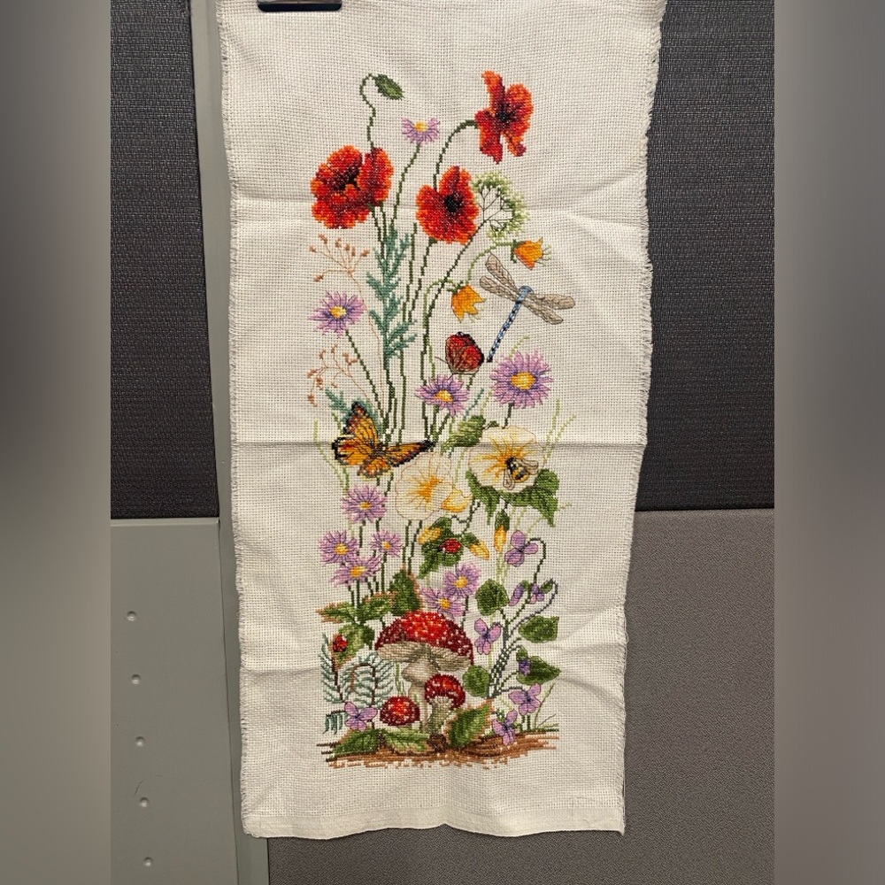 Vintage Floral Botanical Needlepoint Sampler Mushroom Butterfly Cottagecore